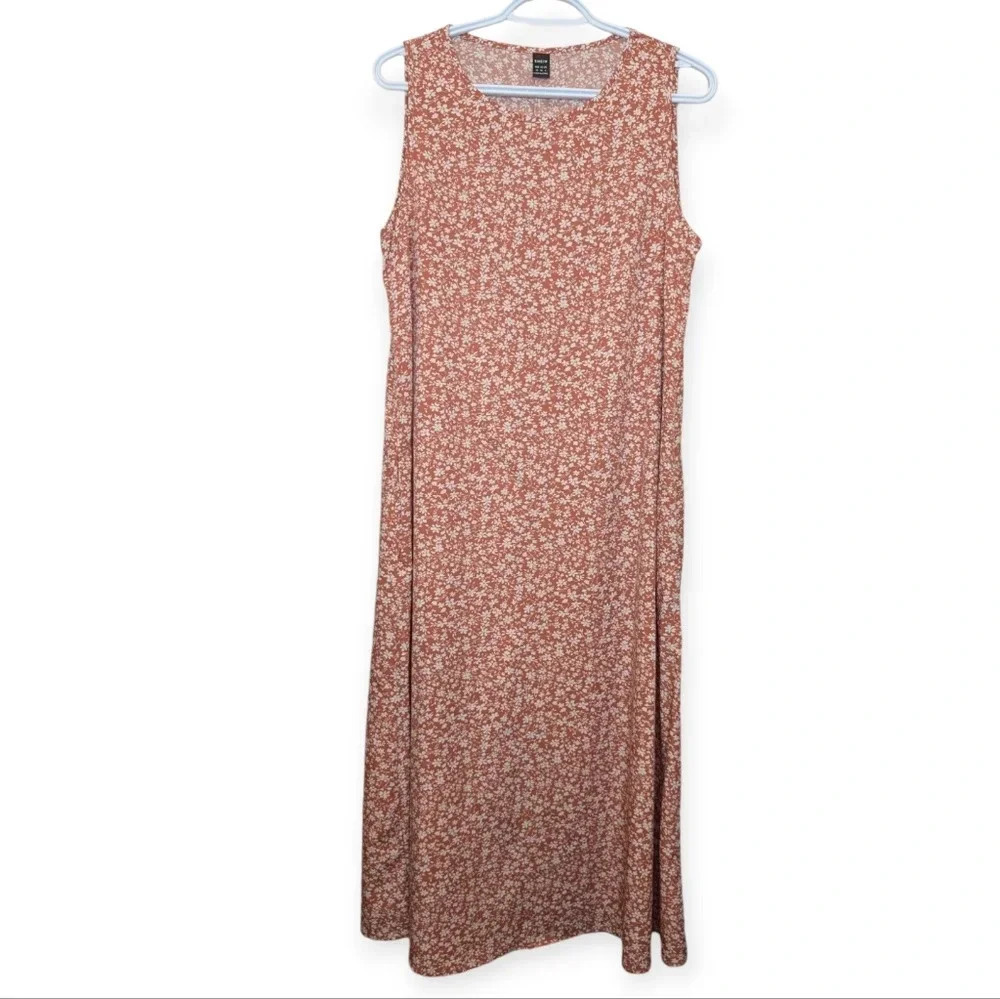 SHEIN Terra Cotta Orange & White Floral Pattern Sleeveless Maxi Dress Woman M